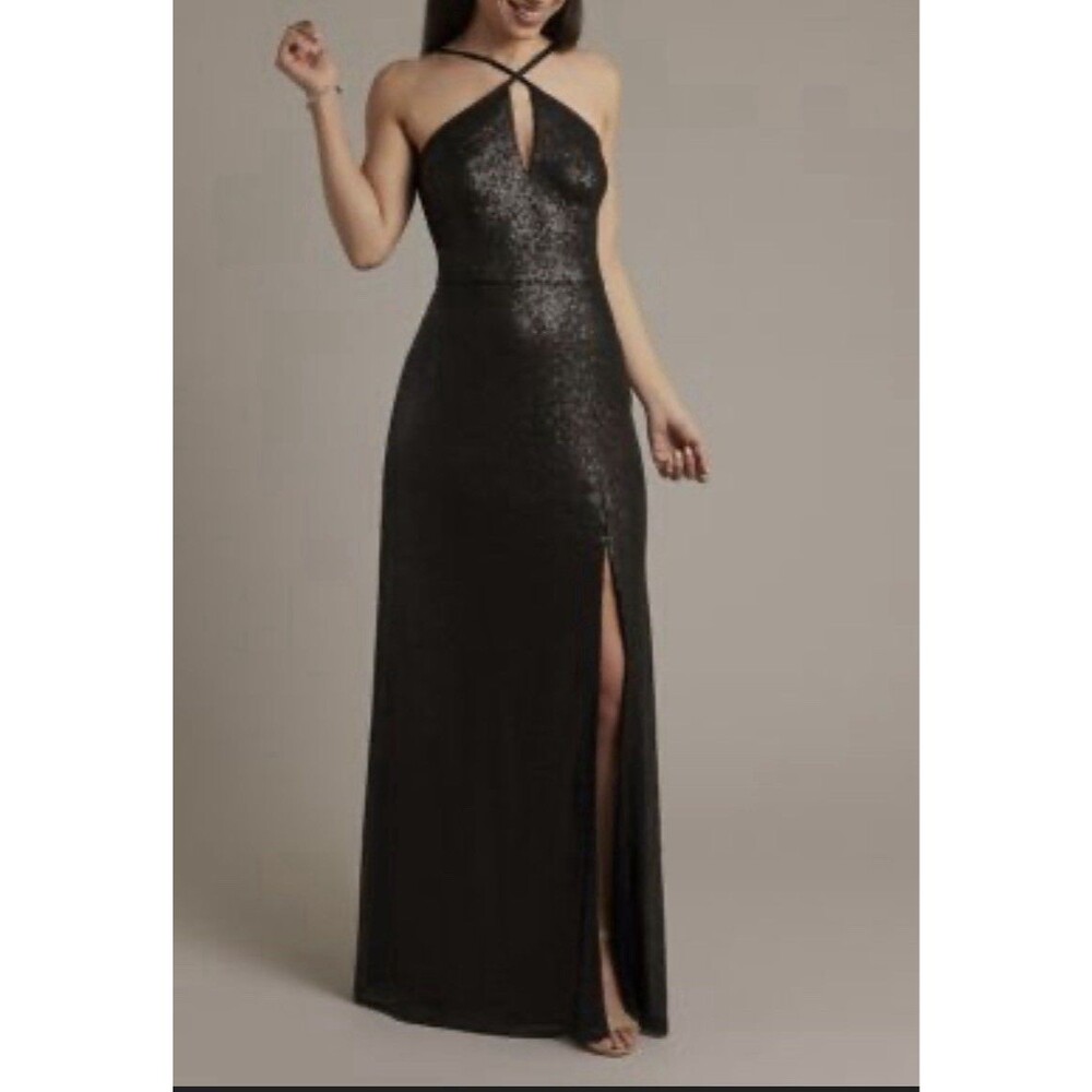 Davids Bridal Studio Black Matte Sequin Formal Gown Dress Size 8 Goth Prom Dress